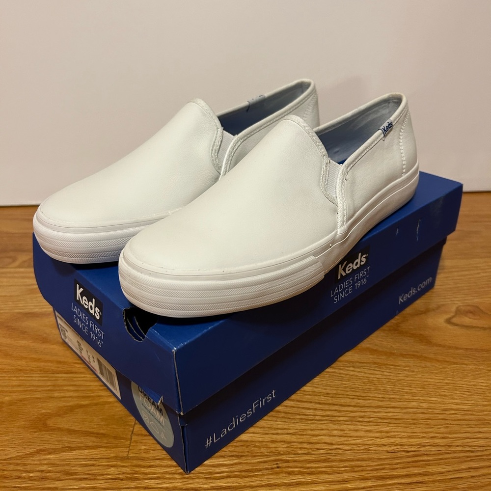 Keds Double Decker Leather White Slip Ons Dream Foam Women’s 8